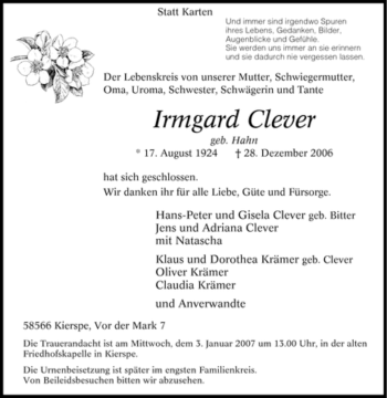 Traueranzeige von Irmgard Clever von Tageszeitung
