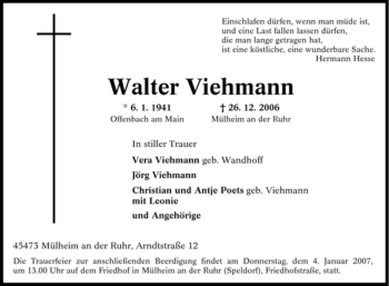 Traueranzeige von Walter Viehmann von Tageszeitung