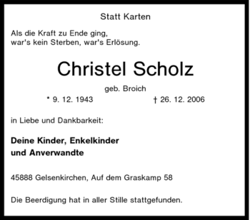 Traueranzeige von Christel Scholz von Tageszeitung