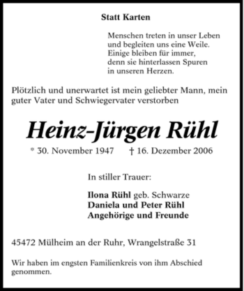 Traueranzeige von Heinz-Jürgen Rühl von Tageszeitung