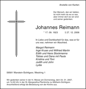 Traueranzeige von Johannes Reimann von Tageszeitung