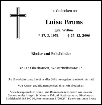 Traueranzeige von Luise Bruns von Tageszeitung