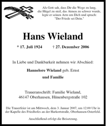 Traueranzeige von Hans Wieland von Tageszeitung