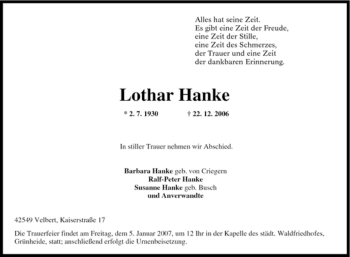 Traueranzeige von Lothar Hanke von Tageszeitung
