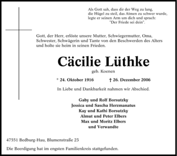 Traueranzeige von Cäcilie Lüthke von Tageszeitung