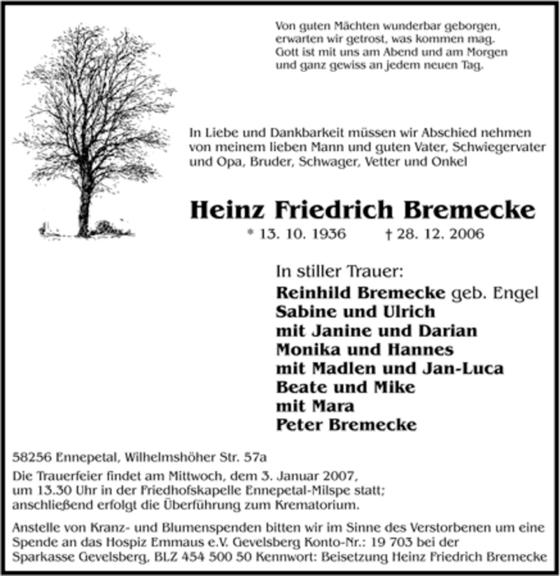  Traueranzeige für Heinz Friedrich Bremecke vom 30.12.2006 aus Tageszeitung
