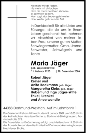 Traueranzeige von Maria Jäger von Tageszeitung