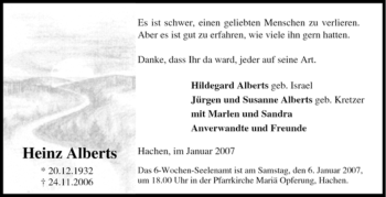 Traueranzeige von Heinz Alberts von Tageszeitung