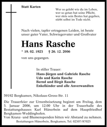 Traueranzeige von Hans Rasche von Tageszeitung