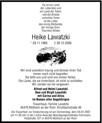 Traueranzeige von Heike Lawatzki von Tageszeitung