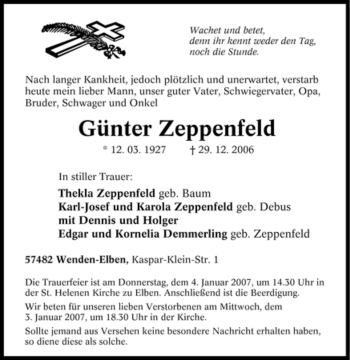 Traueranzeige von Günter Zeppenfeld von Tageszeitung