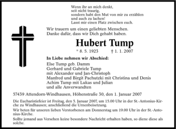 Traueranzeige von Hubert Tump von Tageszeitung