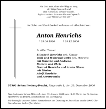 Traueranzeige von Anton Henrichs von Tageszeitung