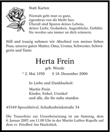 Traueranzeige von Herta Frein von Tageszeitung