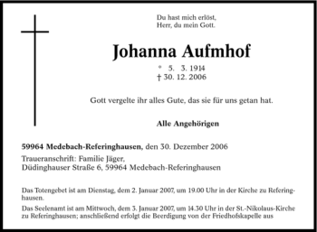 Traueranzeige von Johanna Aufmhof von Tageszeitung