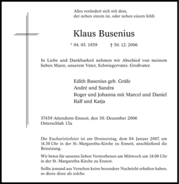 Traueranzeige von Klaus Busenius von Tageszeitung