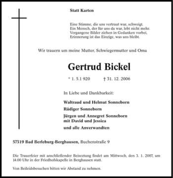 Traueranzeige von Gertrud Bickel von Tageszeitung