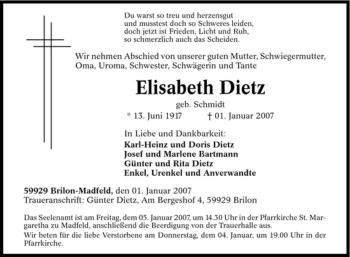Traueranzeige von Elisabeth Dietz von Tageszeitung
