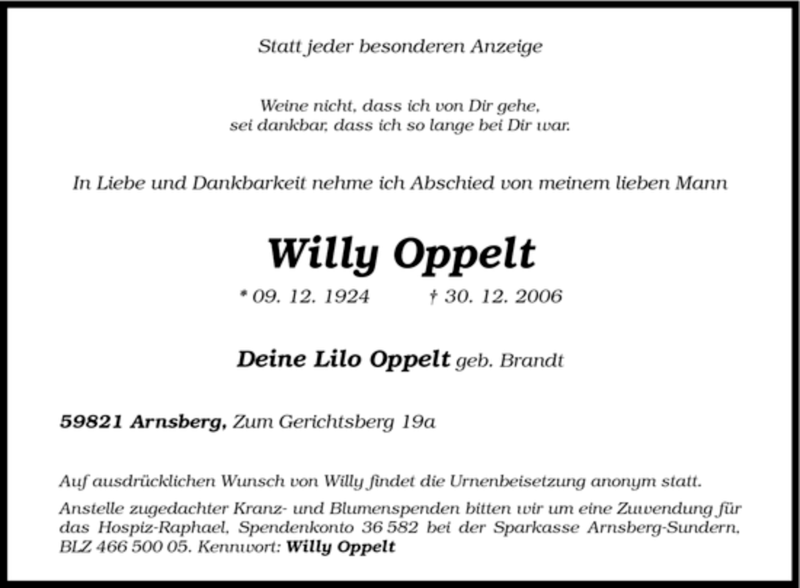 Traueranzeige für Willy Oppelt vom 02.01.2007 aus Tageszeitung