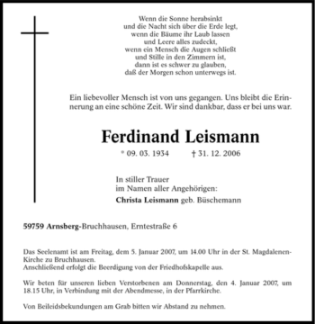 Traueranzeige von Ferdinand Leismann von Tageszeitung