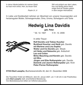 Traueranzeige von Hedwig Lina Davidis von Tageszeitung