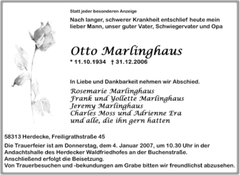 Traueranzeige von Otto Marlinghaus von Tageszeitung