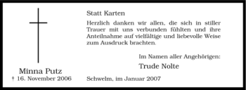 Traueranzeige von Minna Putz von Tageszeitung