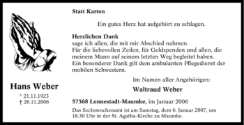 Traueranzeige von Hans Weber von Tageszeitung