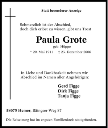 Traueranzeige von Paula Grote von Tageszeitung
