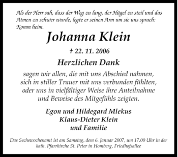 Traueranzeige von Johanna Klein von Tageszeitung