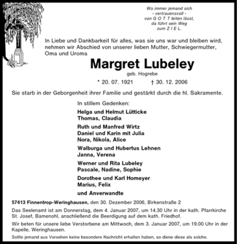  Traueranzeige für Margret Lubeley vom 03.01.2007 aus Tageszeitung