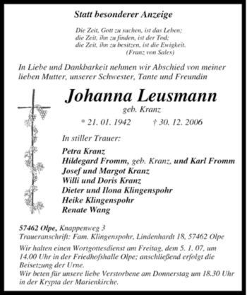Traueranzeige von Johanna Leusmann von Tageszeitung