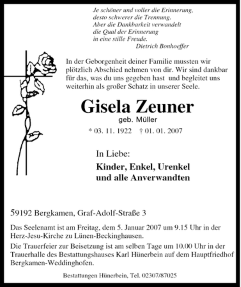  Traueranzeige für Gisela Zeuner vom 03.01.2007 aus Tageszeitung