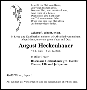 Traueranzeige von August Heckenhauer von Tageszeitung