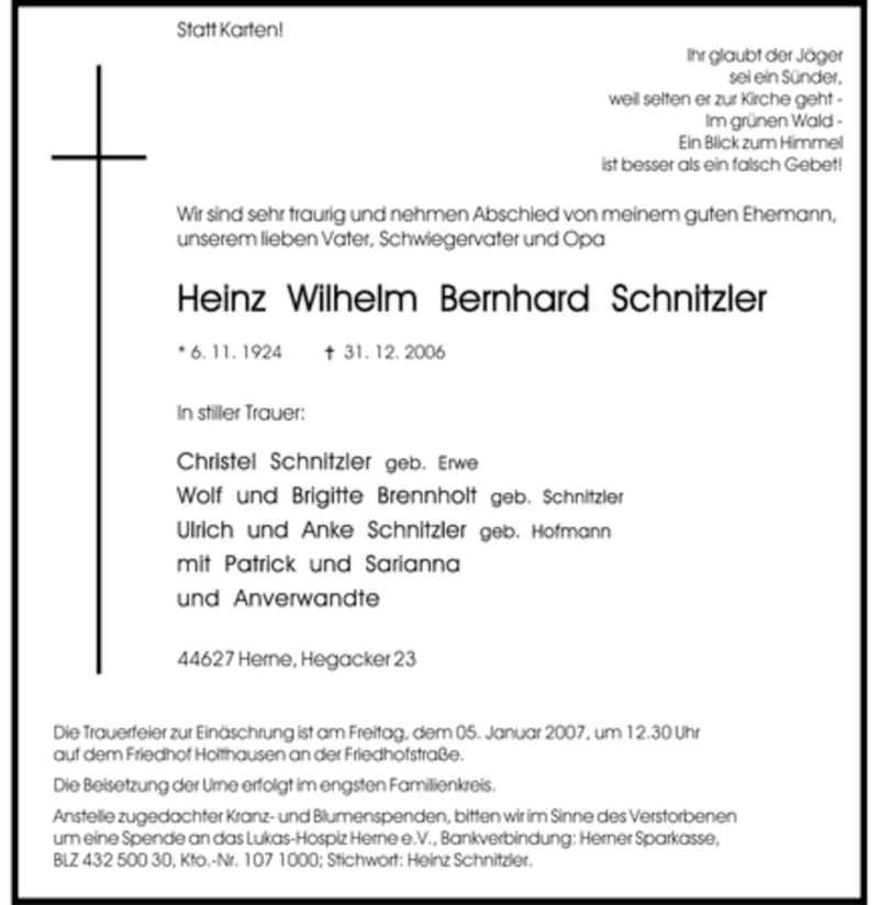  Traueranzeige für Heinz Wilhelm Bernhard Schnitzler vom 03.01.2007 aus Tageszeitung