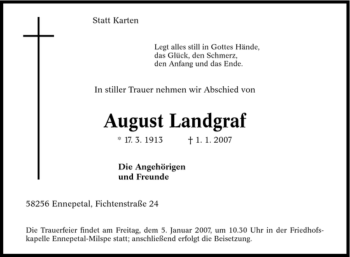 Traueranzeige von August Landgraf von Tageszeitung