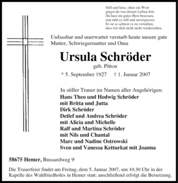 Traueranzeige von Ursula Schröder von Tageszeitung