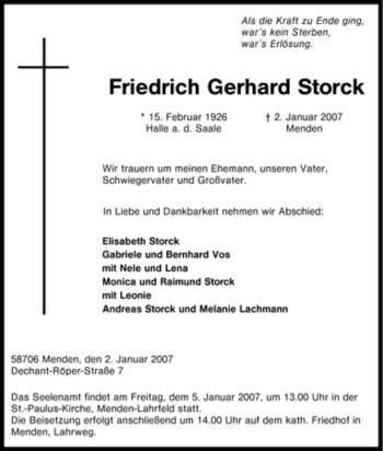 Traueranzeige von Friedrich Gerhard Storck von Tageszeitung