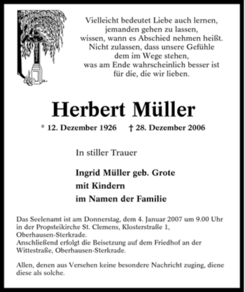 Traueranzeige von Herbert Müller von Tageszeitung