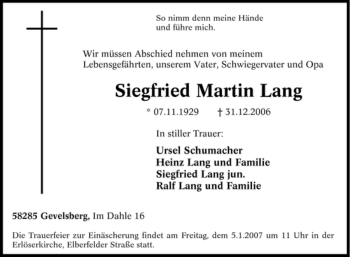 Traueranzeige von Siegfried Martin Lang von Tageszeitung