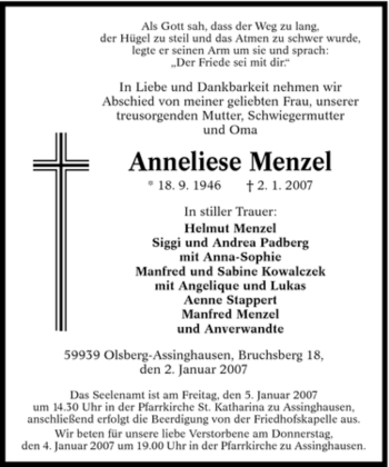 Traueranzeige von Anneliese Menzel von Tageszeitung