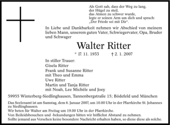 Traueranzeige von lter Ritter von Tageszeitung