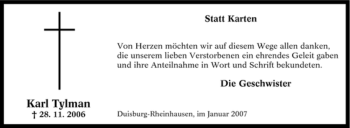 Traueranzeige von Karl Tylman von Tageszeitung