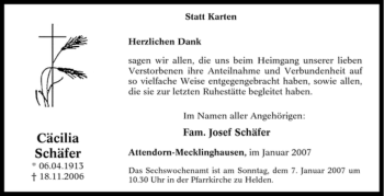 Traueranzeige von Cäcilia Schäfer von Tageszeitung