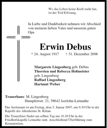 Traueranzeige von Erwin Debus von Tageszeitung