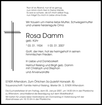 Traueranzeige von Rosa Damm von Tageszeitung