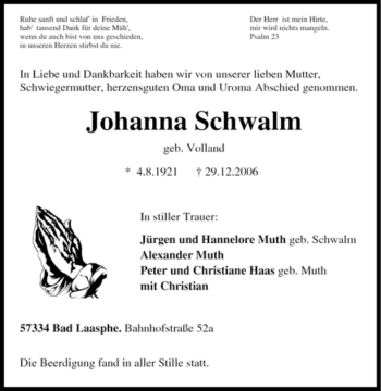 Traueranzeige von Johanna Schwalm von Tageszeitung