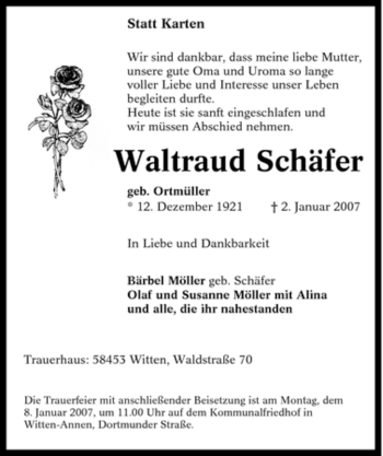 Traueranzeige von Waltraud Schäfer von Tageszeitung