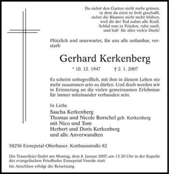 Traueranzeige von Gerhard Kerkenberg von Tageszeitung