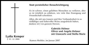 Traueranzeige von Lydia Kemper von Tageszeitung
